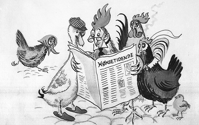 Og det kom i avisen. farve. Akvarel, blyant og tusch. 30 x 23 cm. Tegn.: 15 x 19 cm. H.C. Andersen-samlingen, Museum Odense.