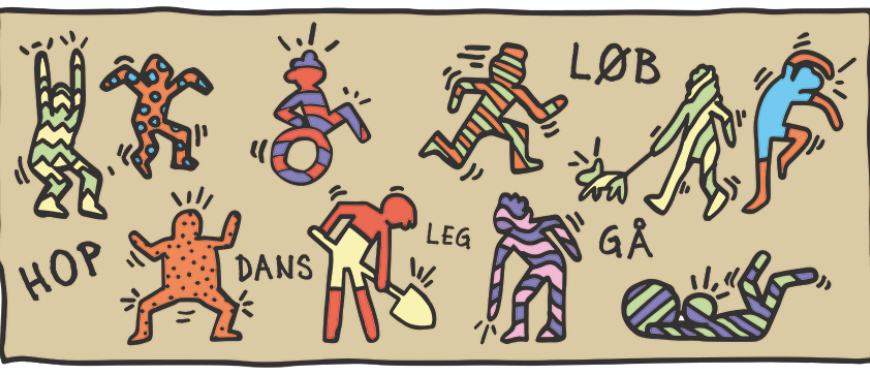 Danmark i Bevægelse logo - bevægelsesfigurer med teksten leg, gå, løb, hop og dans