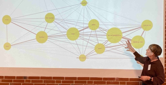 Birgitte Westerskov Dalgas holder oplæg om tværsektorielt samarbejde i kommuner ved et diagram