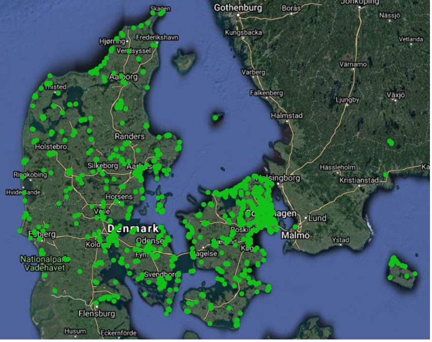 Billedet illustrerer, hvor respondenterne i undersøgelsen har markeret punkter for kvali-teter på ruterne.