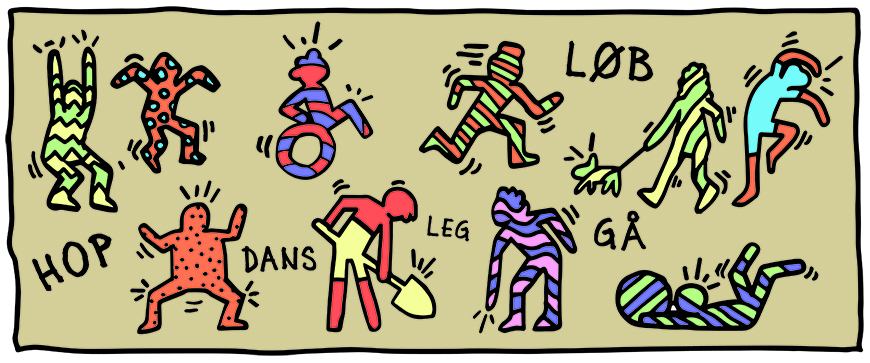 Illustrationer der træner og bevæger sig med ordene hop, dans, leg, gå og løb stående på billedet