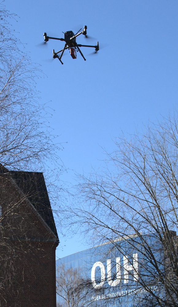 Drone flying by Odense university hospital