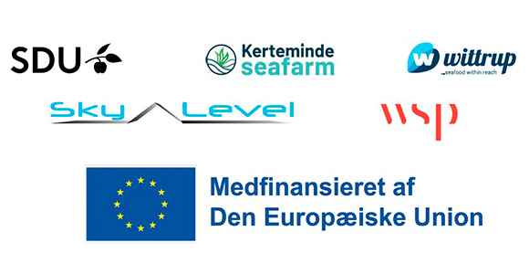 Projektdeltageres logoer: Kerteminde Seafarm, WSP, SkyLevel, Wittrup Seafood og SDU