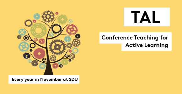 Yellow promotional graphic with a tree made of gears and the text "TAL", "Conference Teaching for Active Learning", and "Every year in November at SDU".