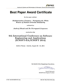 Award certificate with the heading "Best Paper Award Certificate" for the "9th International Conference on Software Engineering and Applications (ICSOFT-EA/ICSOFT 2014)" in Vienna, Austria, August 29–31, 2014.