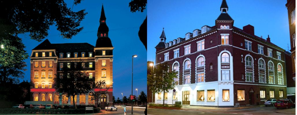 Plaza og Ansgar building exteriors at dusk Two side-by-side dusk photos of Plaza og Ansgar, featuring lit historic brick buildings with towers and arched windows.