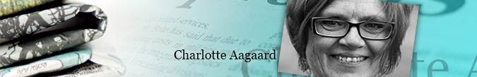 Banner med portræt af en kvinde med briller, foldede tekstiler og teksten "Charlotte Aagaard".