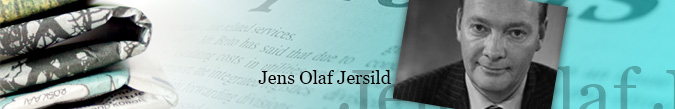 Banner med sort-hvidt portræt, sammenfoldede aviser og teksten "Jens Olaf Jersild".