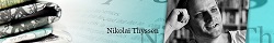 Smalt banner med foldet stof, teksten "Nikolai Thyssen" og et sort-hvidt portræt af en mand.