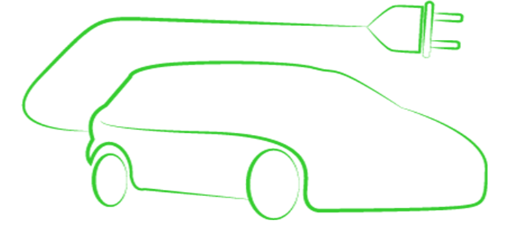 Green outline illustration of an electric car with charging plug Green outline drawing of an electric car with a charging cable and plug.