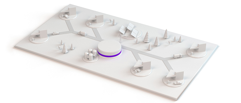 Minimal white isometric industrial network with a central circular hub, connected facilities, vehicles, storage tanks, and small trees on a rectangular platform, accented by a purple glowing ring.