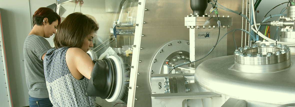 Researchers operating a laboratory glovebox with Cryofox equipment Two researchers using a glovebox next to stainless steel laboratory equipment labeled "Cryofox".