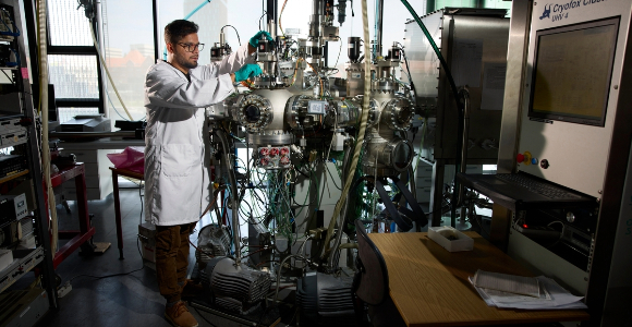 Postdoc Bhushan Patil works with organic solar panels thin as paper. The panels are created from carbon, hydrogen and nitrogen-based materials. 