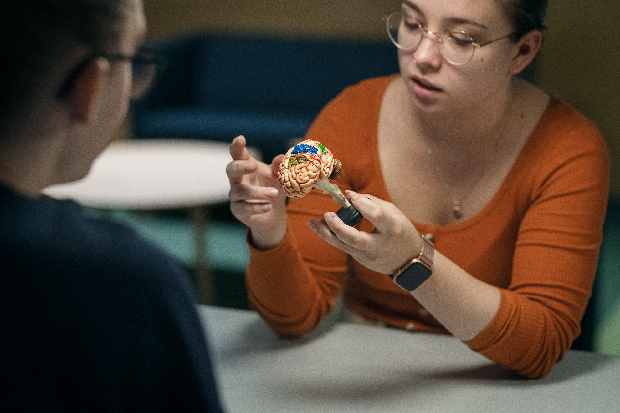 Person med miniaturemodel af hjernen og dens opbygning