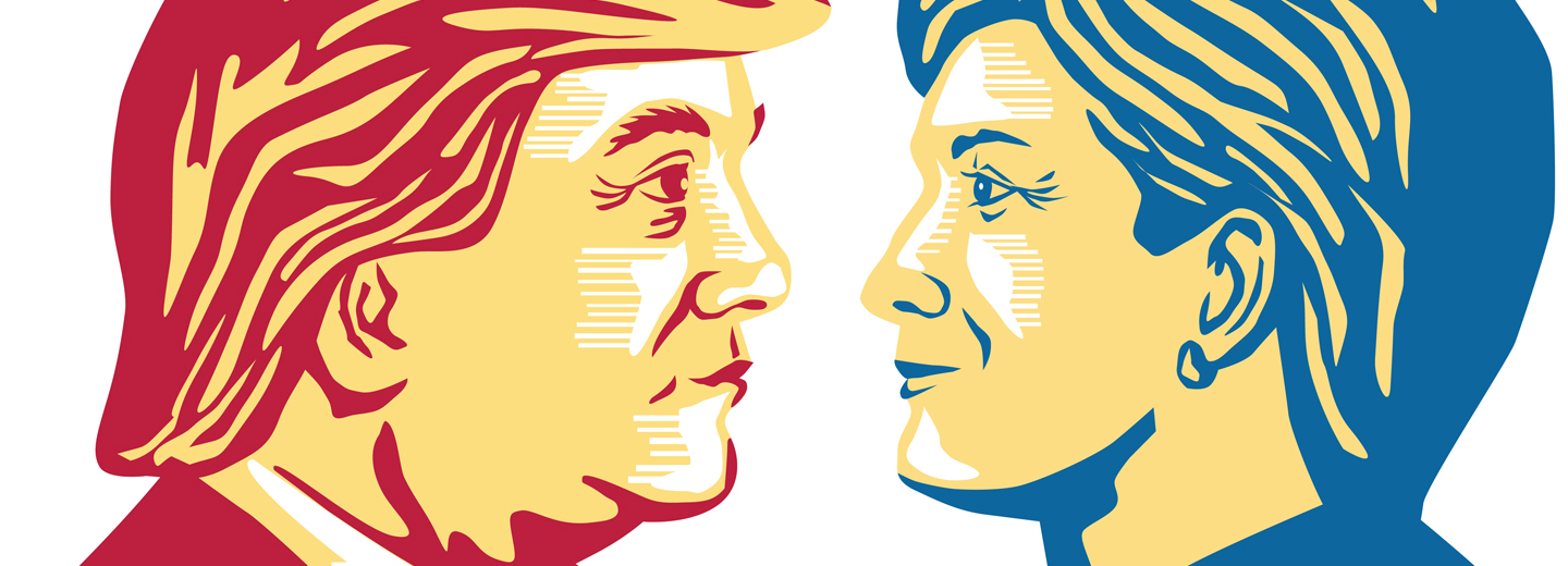 Stiliseret profilillustration af Donald Trump og Hillary Clinton, der vender mod hinanden i røde og blå farver.