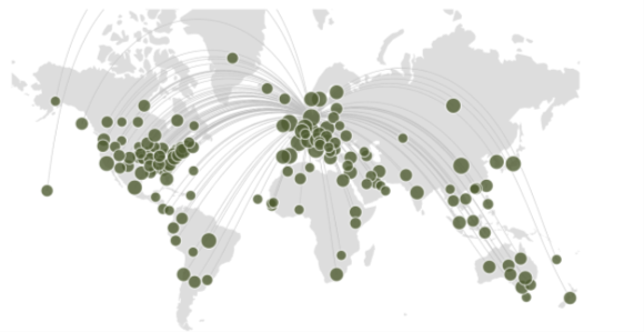 Verdenskort med markeringer af Det Naturvidenskabelige Fakultets nylige eksterne samarbejder på landeniveau.