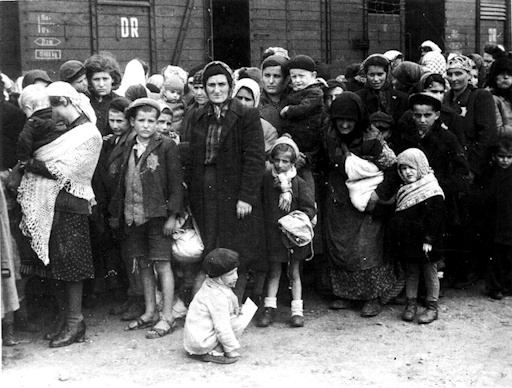Historical photograph showing the arrival of Jews at Auschwitz in May 1944.