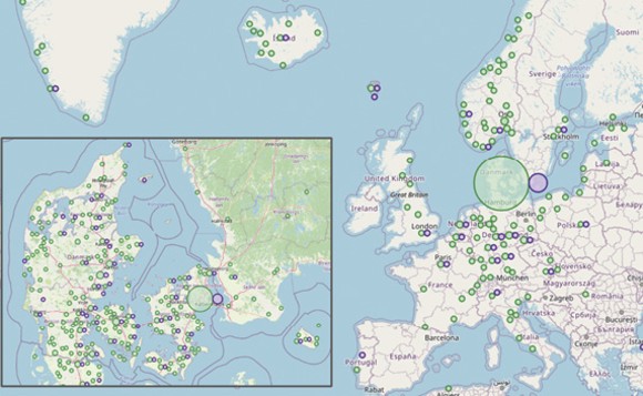 Kort, der viser placeringen af fødesteder for personer i dDBL