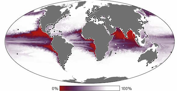Oxygen levels at a depth of 200 meters. Black dots mark coastal regions experiencing low oxygen.