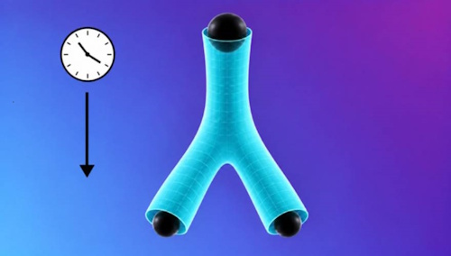 drawing in blue colors showing a black hole splitting and taking new directions that resemble trouser legs. In each trouser leg there is a new black hole. 