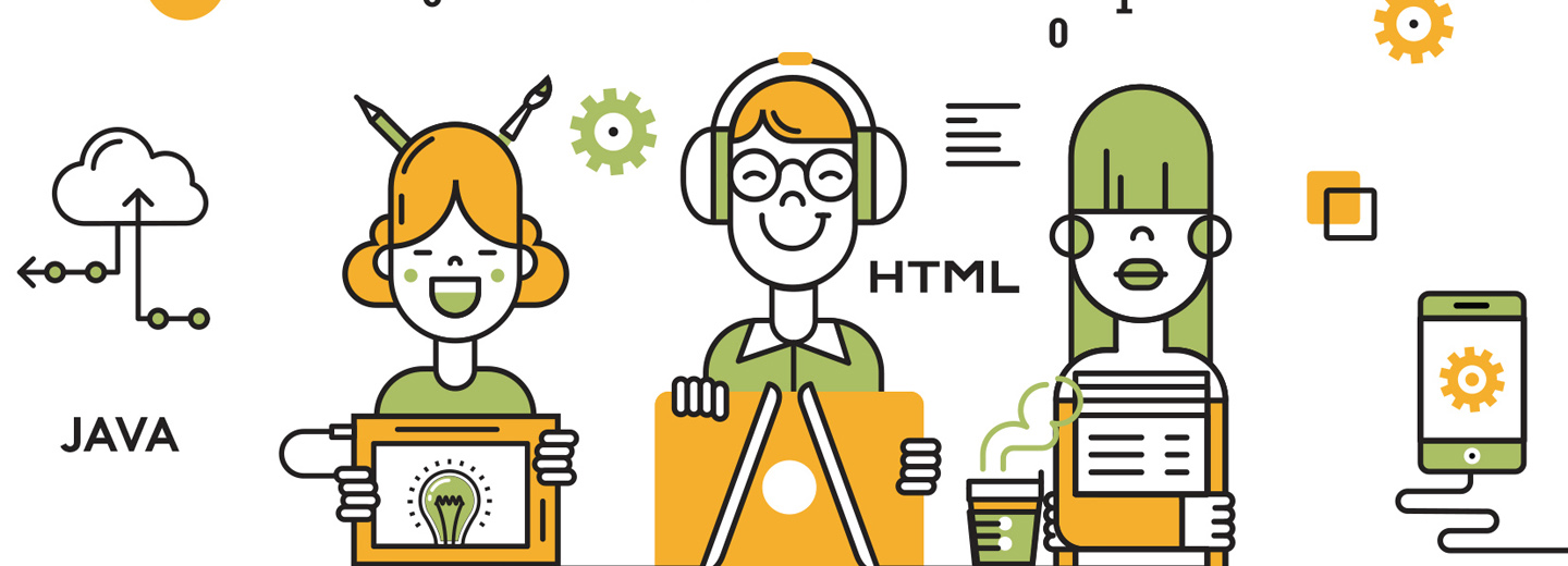Tegnet banner med tre unge personer og teknologielementer, herunder "JAVA", "HTML", smartphone, tandhjul, computer og kaffekop.