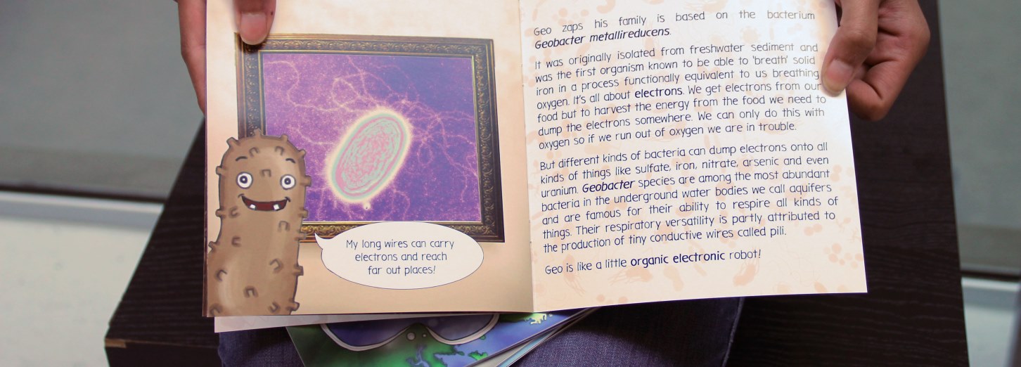 Åben bog holdt i hænder med tegning af en bakteriefigur, et indrammet billede og tekst om "Geobacter metallicreducens" samt taleboblen "My long wires can carry electrons and reach far out places!"