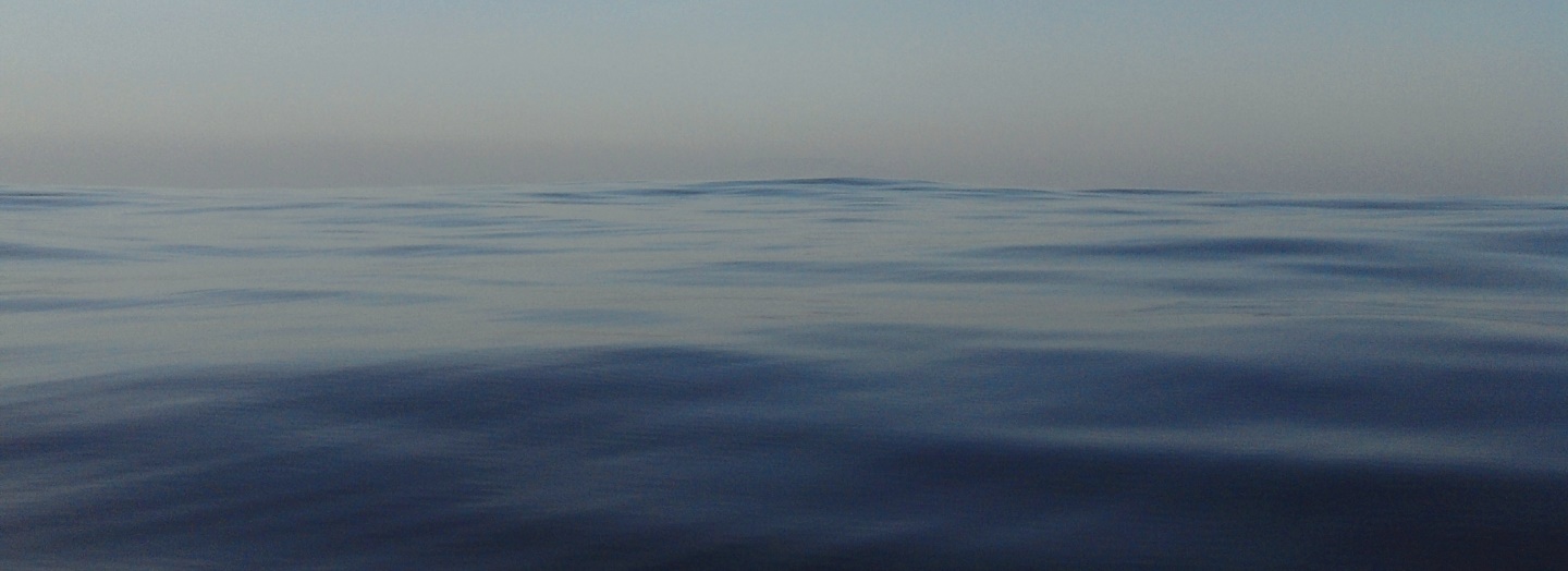 Calm ocean water with soft ripples and a hazy horizon.