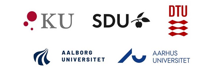 Logo: KU, SDU, DTU, AU, Aalborg universitet