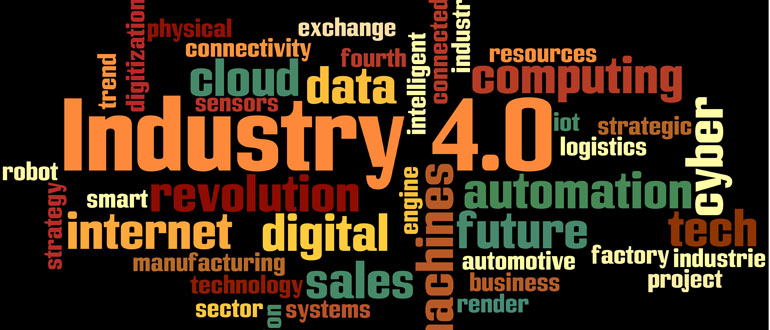 Ordsky på sort baggrund med teksten "industry", "4.0", "automation", "digital", "internet", "future", "computing", "data", "cyber" og andre teknologirelaterede ord i forskellige farver.