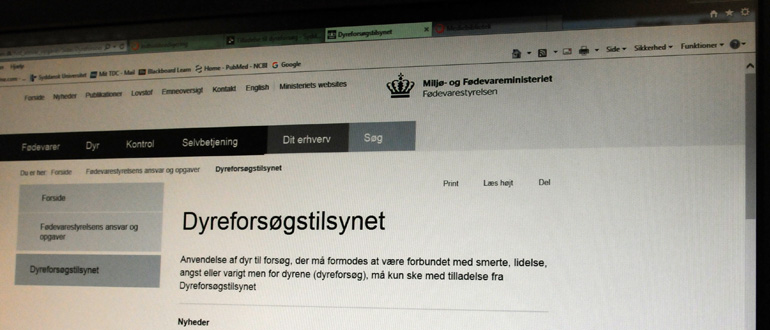 Screenshot of the “Dyreforsøgstilsynet” page on the Miljø- og Fødevareministeriet website Screenshot of the “Dyreforsøgstilsynet” webpage under “Miljø- og Fødevareministeriet” and “Fødevarestyrelsen”.