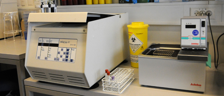 Laboratory bench with a Sigma machine, a Julabo unit, a yellow hazardous waste container, and a test tube rack with sample tubes.