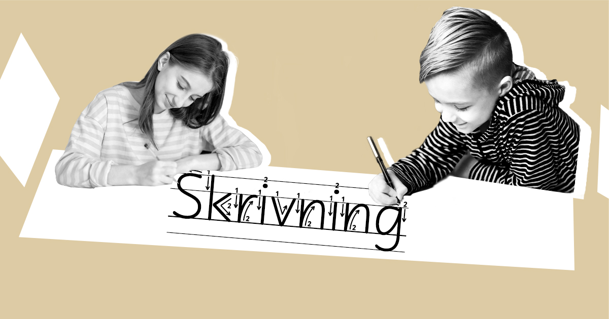 to børn er samlet om at skrive håndskrift, en illustration til en artikel om skrivning 