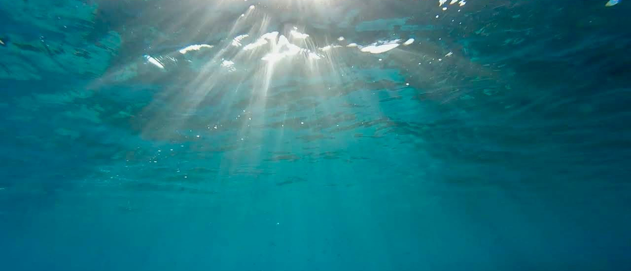 Sunlight Rays Beneath the Ocean Surface Underwater scene showing blue ocean water and sun rays shining through the surface above.