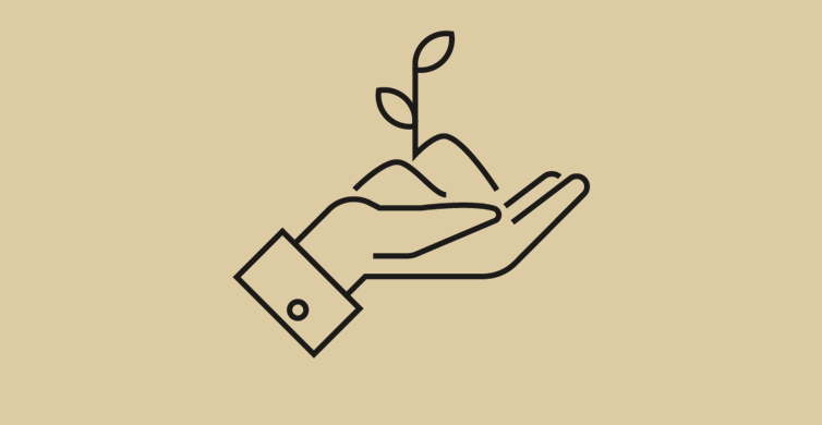 hånd med jord og plante i