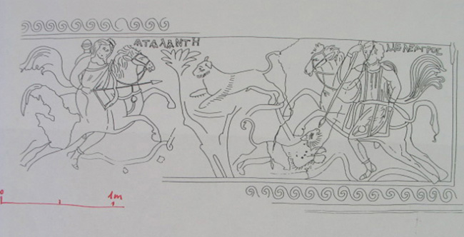 Room B excavated by Newton. The panels with Atalante and Meleager are in the Britsh Museum. The photos are in the British Library and were made by B. Spackman in 1856. The reconstruction of the panel with Atalante and Meleager was drawn by I.Bjerg Poulsen. 