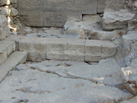 Fig. 23. Sector 2. Line of ashlars constituing the northern border of the large foundation. These blocks also have their clamps in situ. Brown andesite.