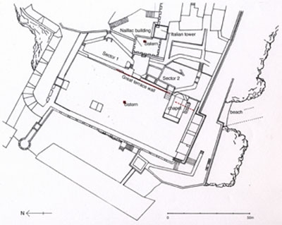 Fig. 28. Plan showing the western part of the Zephyrion Peninsula. In the centre of the large, rectangular area, which constitutes our 'sector 3', the entrance to the second Classical / Hellenistic cistern is indicated.