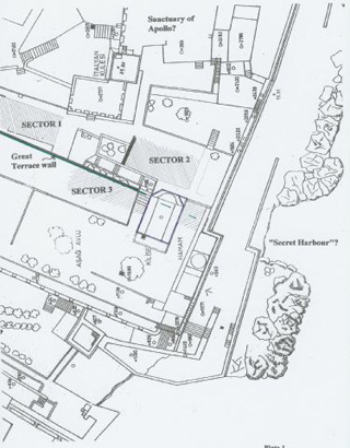 Fig. 30. Plan of the southwestern part of the Zephyrion Peninsula (north is to the left). A small bay on the coast is situated about 20-30 m south of the excavated areas south and east of the chapel.