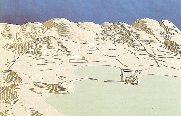 Fig. 1. Model showing topography of Halikarnassos. The Maussolleion is situated on a huge terrace in the centre (Model at the “Antikmuseet” of Aarhus University, Denmark)