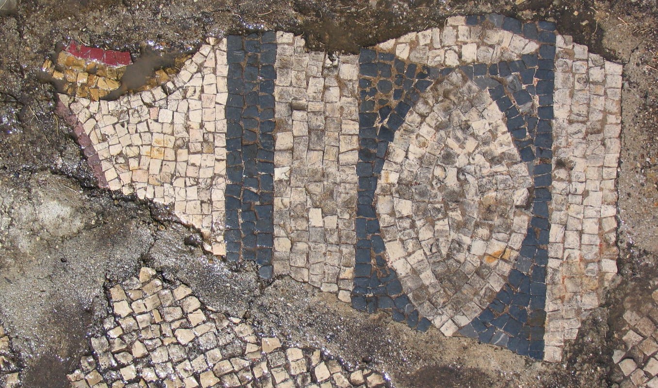Fragment with white bead-and-reel on a blue background and part of panel with the tail and outline of the back of the lion