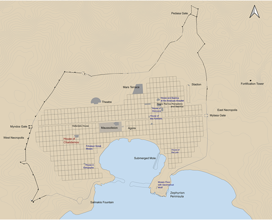 Plan of Halikarnassos with the House of Charidemos indicated
