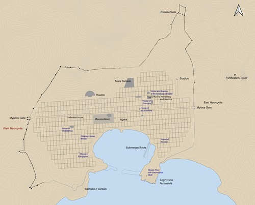 Plan of Halikarnassos with the necropolis at the Myndos Gate indicated