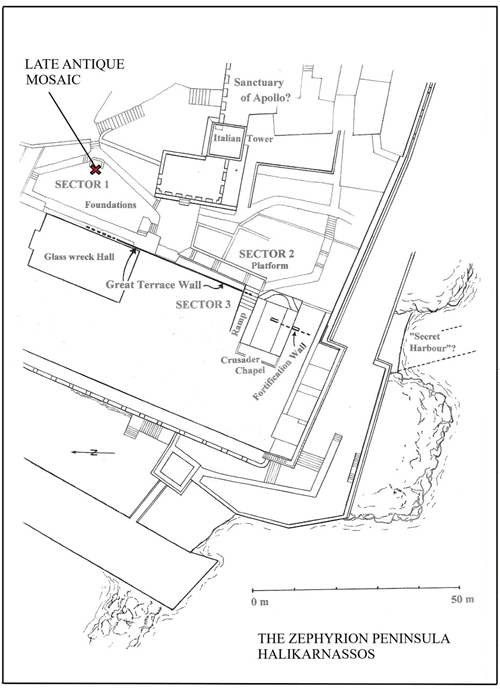 The Zephyrion peninsula with a detail of the Castle of St Peter in which the placing of the mosaic is indicated