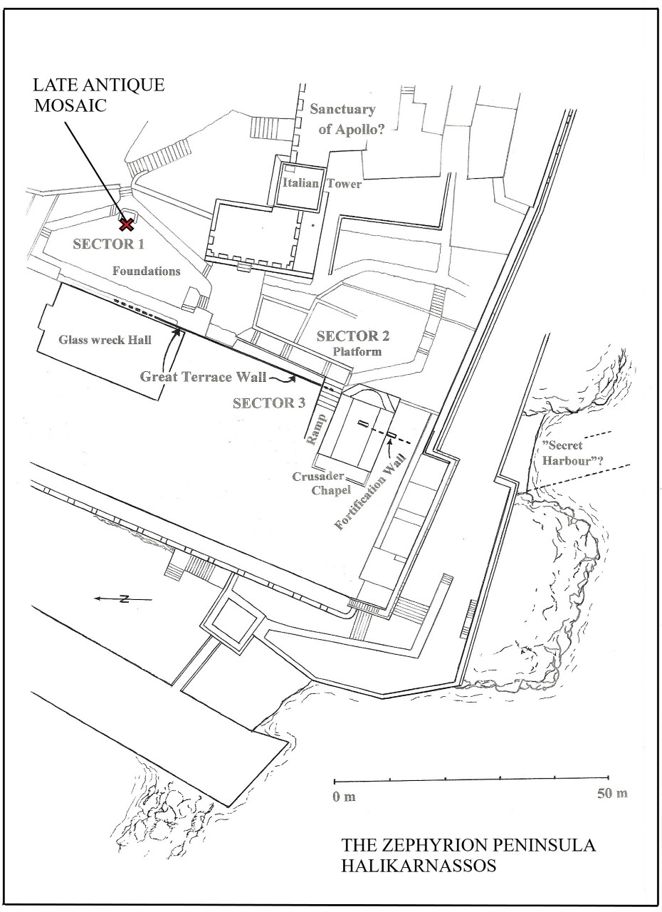 The Zephyrion peninsula with a detail of the Castle of St Peter in which the placing of the mosaic is indicated