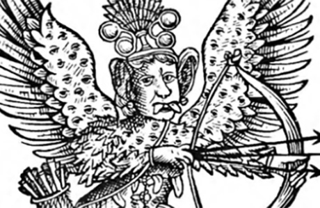 Sort-hvid illustration af en bevinget figur med bue, pile og dekorativ hovedbeklædning.