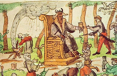 Farvelagt historisk scene med en hornet skikkelse på en trone og flere personer omkring i et skovlignende område.