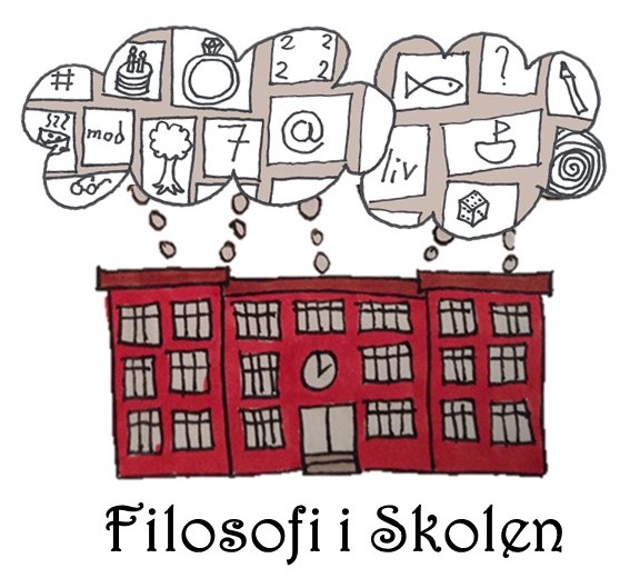 Illustration af skole med tankebobler og teksten Filosofi i Skolen Håndtegnet rød skolebygning med tankebobler fyldt med symboler over sig og teksten "Filosofi i Skolen" nederst.