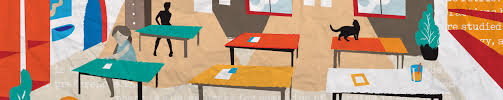 Illustration af et klasselokale med borde, en siddende person, en kat på et bord og planter.