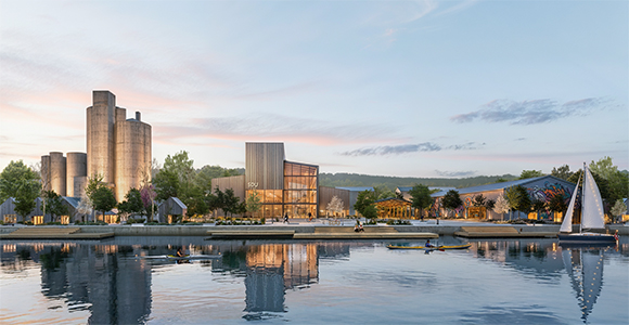 Architectural rendering of a modern waterfront development with contemporary buildings, shoreline trees, calm reflections, a sailboat, and two people paddling at sunset.