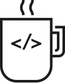 Icon depicting a steaming mug with the code </> which has become a symbol of the culture of programming and software development for many people